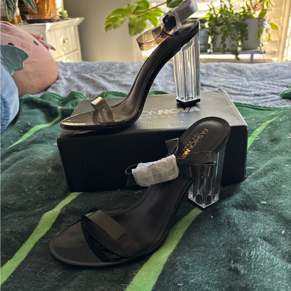 Fashion Nova Black and Clear Block Heel Sandals
